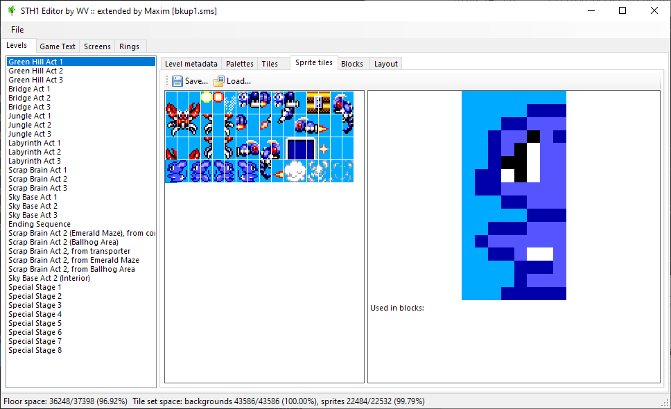 A graphics editor for Sonic the Hedgehog 1, showing a sprite editor