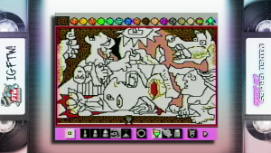 A screen from an official Mario Paint VHS in Japan showing a reproduction of "Guernica" by Picasso.